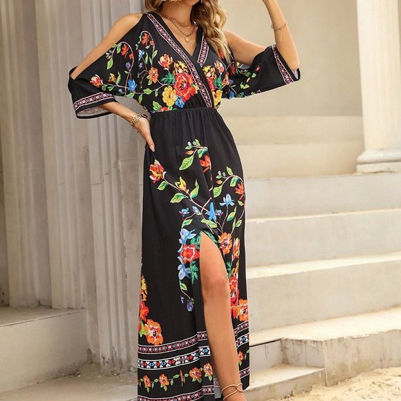 Multicolor Boho Womens Floral Print Cold Shoulder Split Thigh Dress - Picture 3 of 5